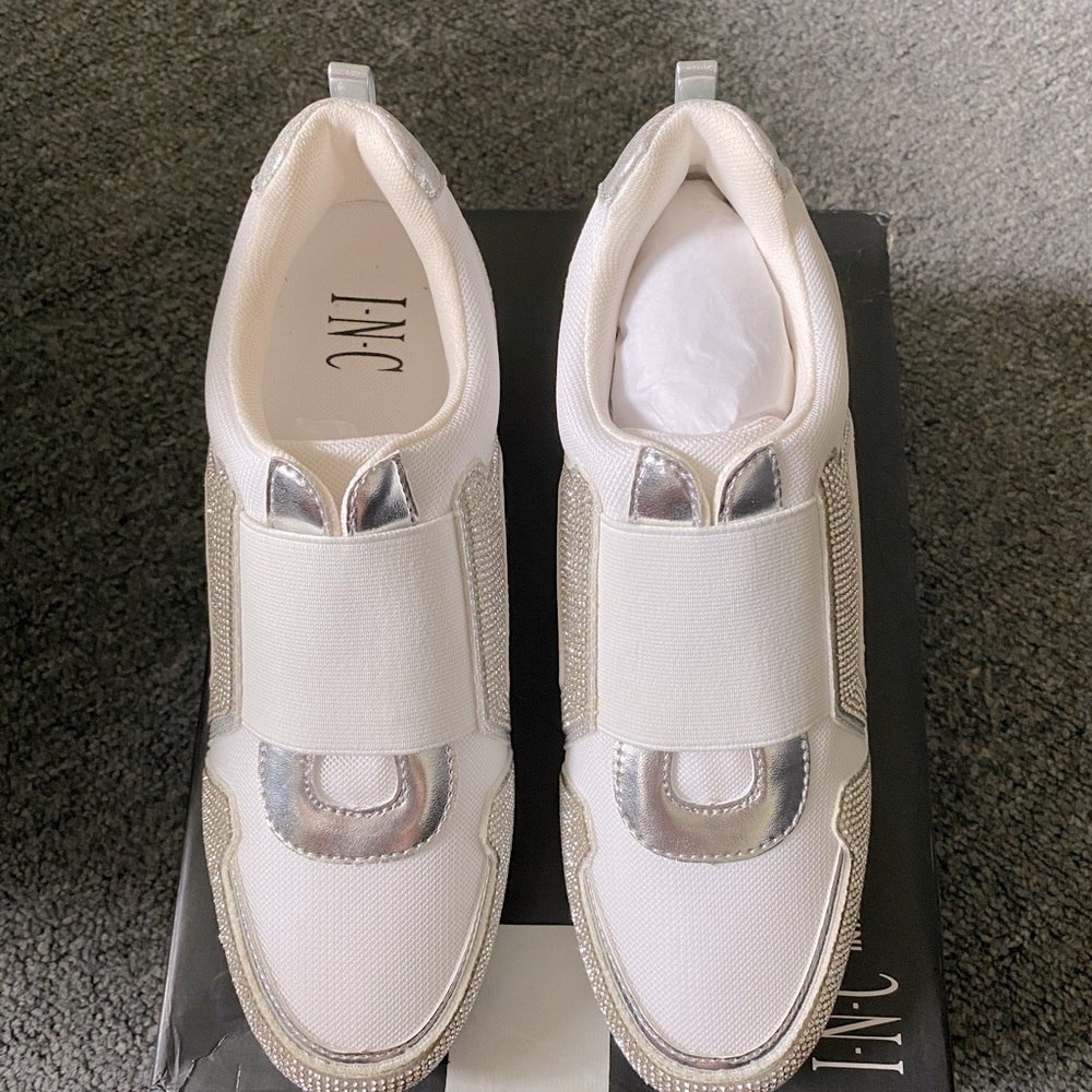 Platform sneakers; International Concepts (I.N.C); size 8 1/2; white & silver